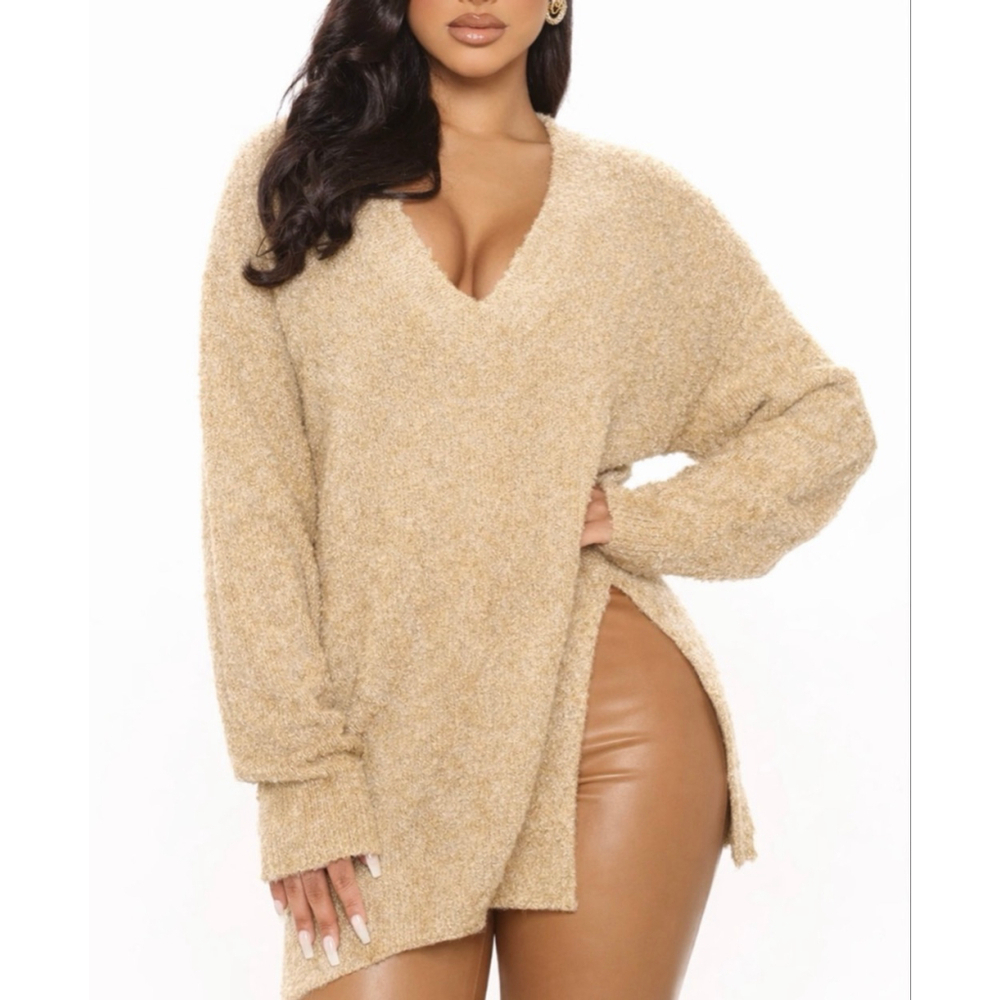 Fashion Nova “Get Your Knit Together” Oversized Sweater Beige V-Neck Size L